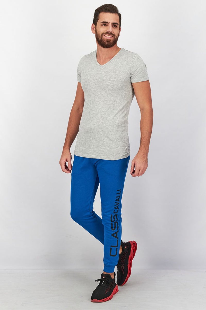 Cavalli Class Men Regular Fit Brand Logo Drawstring Jogger Pants, Blue - Image 2
