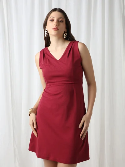 globus Globus Women Maroon V-Neck Sleeveless Self Design Pleated Detail Mini Fit & Flare Dress