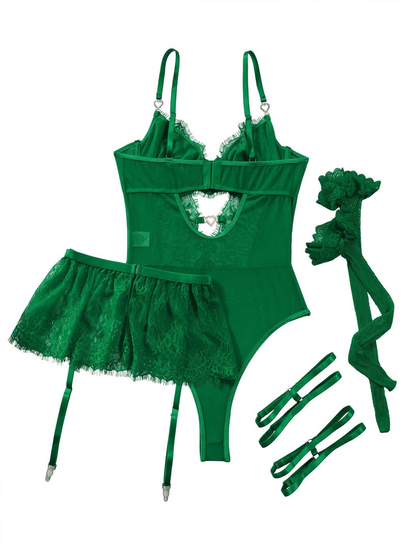 Lilosy Sexy Stocking Rhinestones Heart Garter Underwire Floral Mesh lace Sheer Babydoll Lingerie Teddy Bodysuit Skirt Set Women 2 3 Piece Push Up See Through Dark Green Medium - Image 5