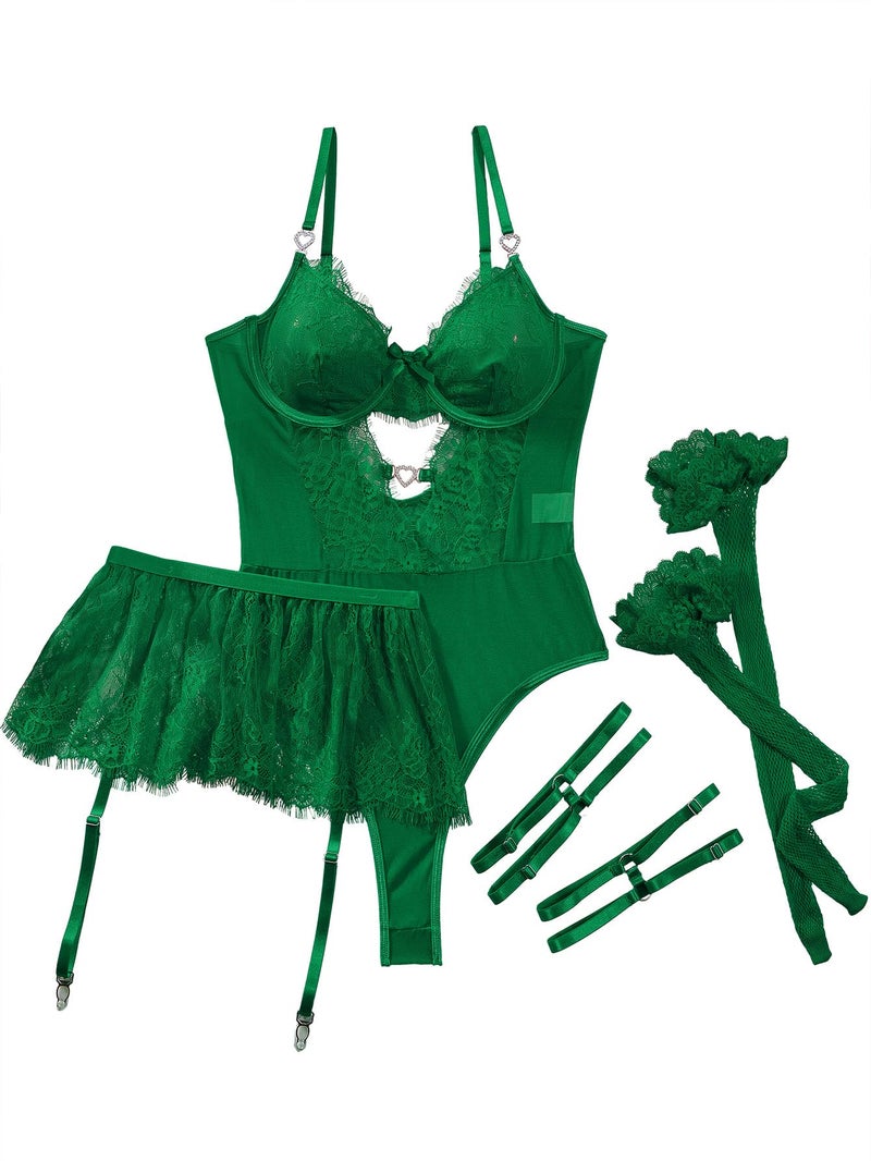 Lilosy Sexy Stocking Rhinestones Heart Garter Underwire Floral Mesh lace Sheer Babydoll Lingerie Teddy Bodysuit Skirt Set Women 2 3 Piece Push Up See Through Dark Green Medium - Image 4