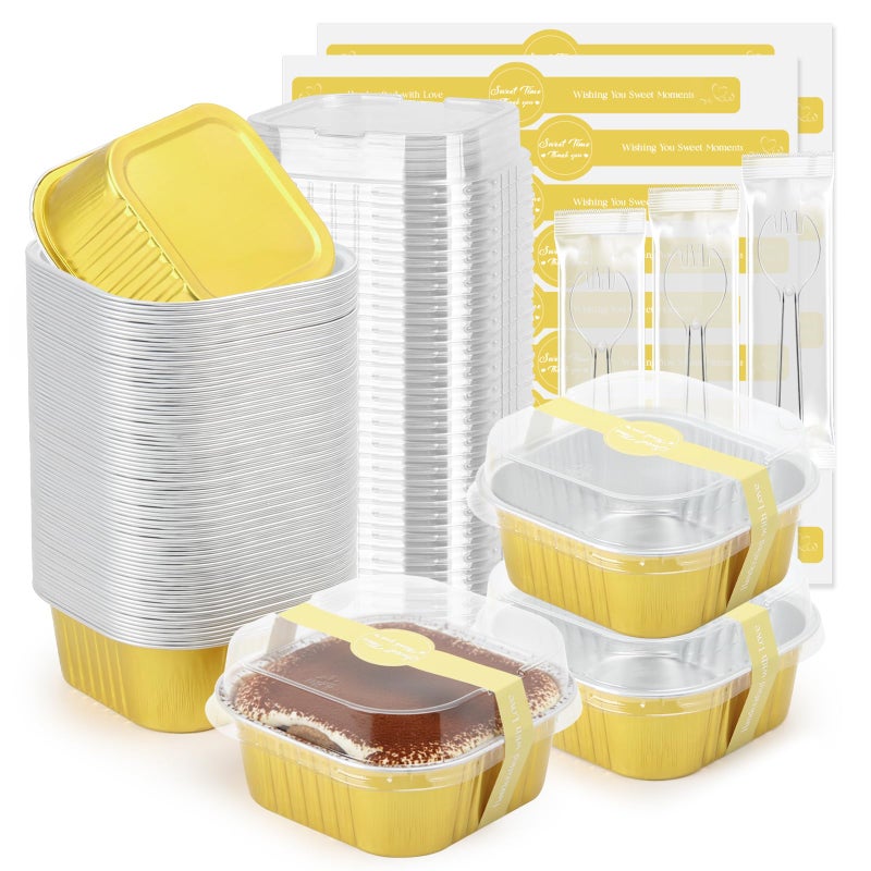 Ruckae 5oz 100 Pcs Square Mini Loaf Pans with Lids-Disposable Foil Dessert Containers,Mini Cake Pans with Lids,Aluminum Dessert Cups for Parties and Weddings (Pink, 5oz) - Image 1