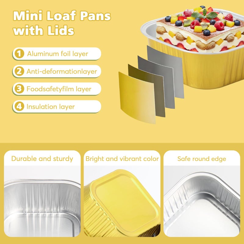 Ruckae 5oz 100 Pcs Square Mini Loaf Pans with Lids-Disposable Foil Dessert Containers,Mini Cake Pans with Lids,Aluminum Dessert Cups for Parties and Weddings (Pink, 5oz) - Image 2