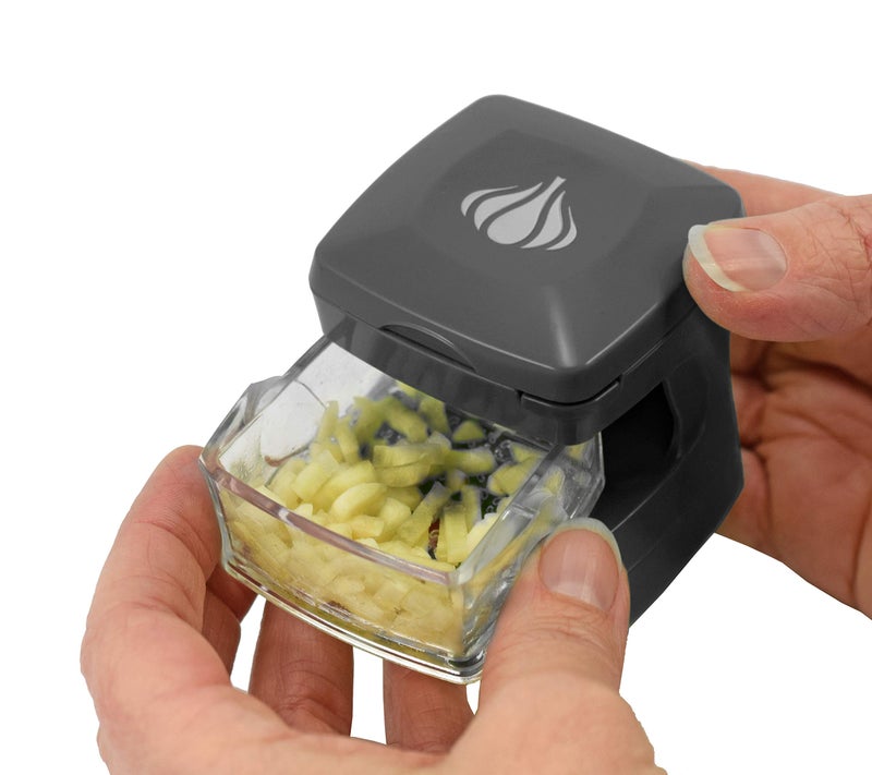 Kitchen Innovations Kitchen Innovations Garlic-A-Peel Garlic Press, Crusher, Cutter, Mincer, and Storage Container - Includes Silicone Garlic Peeler - Easy to Clean - Stainless Steel Blades – (Grey), standard  - Image 4
