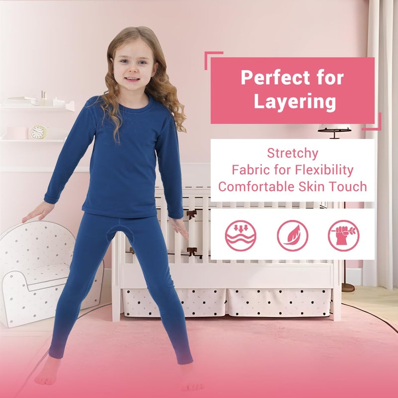 PISIQI Girls Thermal Underwear Set Ultra Soft Long Underwear for Kids Fleece Lined Winter Warm Base Layer Kids Long Johns Set Blue - Image 4