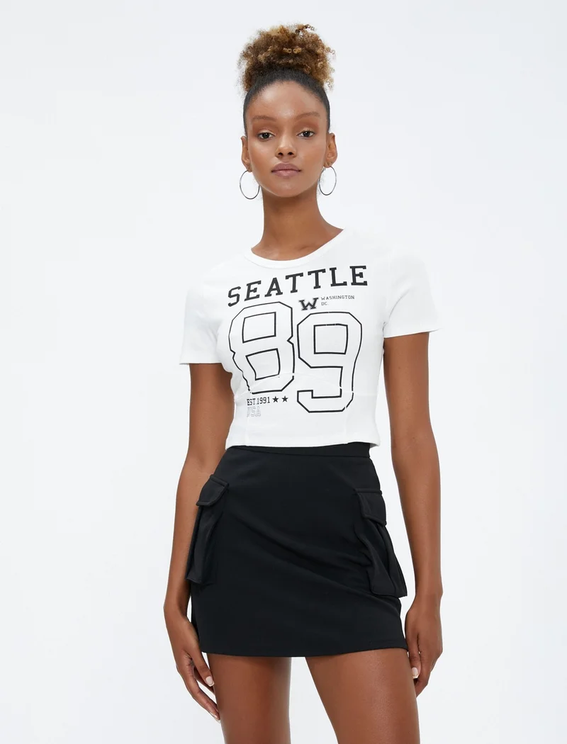 كوتون College Printed T-Shirt Crew Neck Slim Fit Short Sleeve