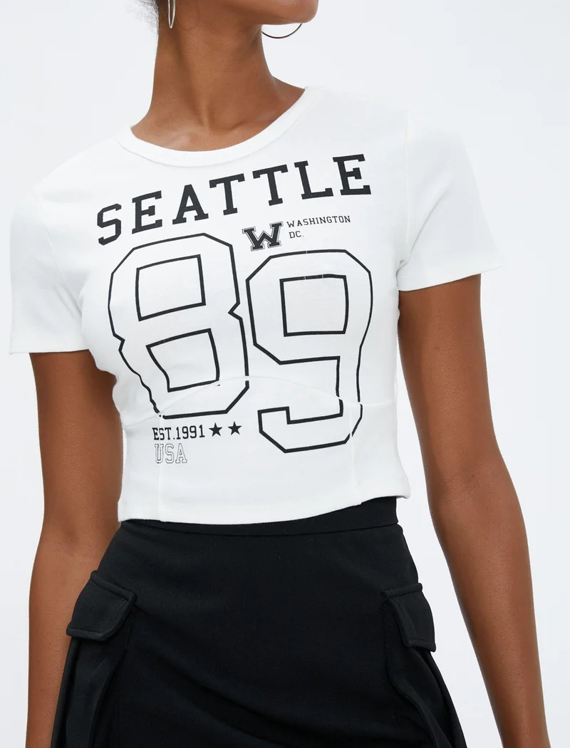 كوتون College Printed T-Shirt Crew Neck Slim Fit Short Sleeve