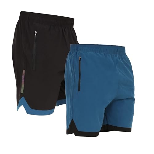 NEVER LOSE Men’s Pack of 2 Sports Shorts Ideal for Gym, Running, Walking, Football & Yoga Shorts with Pockets Comfortable Activewear for Summer Training (XXL, V-Cut (T-Blue & Black)) - Image 1