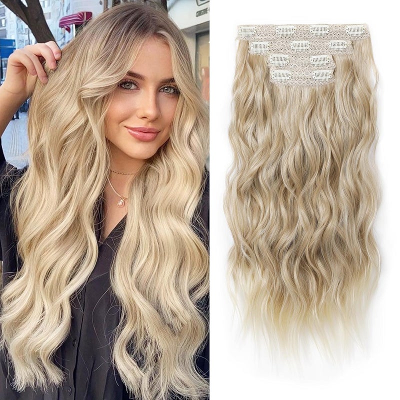 REECHO Clip in Hair Extensions 4PCS Blonde Hair Extensions 24 Thick Long Beach Waves hair extensions HE003 Invisible Lace Weft Natural Soft Hairpieces for Women  Dark Blonde with Light Ends