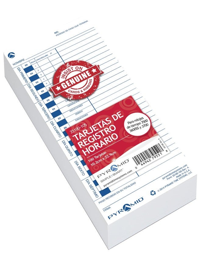 بيراميد تايم سيستمس بطاقات تسجيل الوقت الإسبانية من بيراميد تايم سيستمز 35100-10S، متوافقة مع ساعات تسجيل الوقت بيراميد 3500، 3500ss، 3600SS، 3700SS و3700، مقاس 4 × 9 بوصة، أحادية الجانب، صنع في الولايات المتحدة الأمريكية، عبوة من 100 بطاقة - Image 1