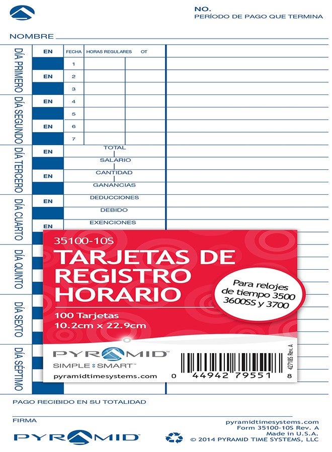 بيراميد تايم سيستمس بطاقات تسجيل الوقت الإسبانية من بيراميد تايم سيستمز 35100-10S، متوافقة مع ساعات تسجيل الوقت بيراميد 3500، 3500ss، 3600SS، 3700SS و3700، مقاس 4 × 9 بوصة، أحادية الجانب، صنع في الولايات المتحدة الأمريكية، عبوة من 100 بطاقة - Image 5