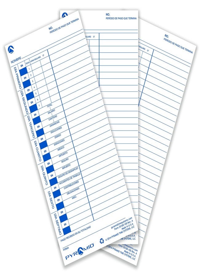 بيراميد تايم سيستمس بطاقات تسجيل الوقت الإسبانية من بيراميد تايم سيستمز 35100-10S، متوافقة مع ساعات تسجيل الوقت بيراميد 3500، 3500ss، 3600SS، 3700SS و3700، مقاس 4 × 9 بوصة، أحادية الجانب، صنع في الولايات المتحدة الأمريكية، عبوة من 100 بطاقة - Image 4