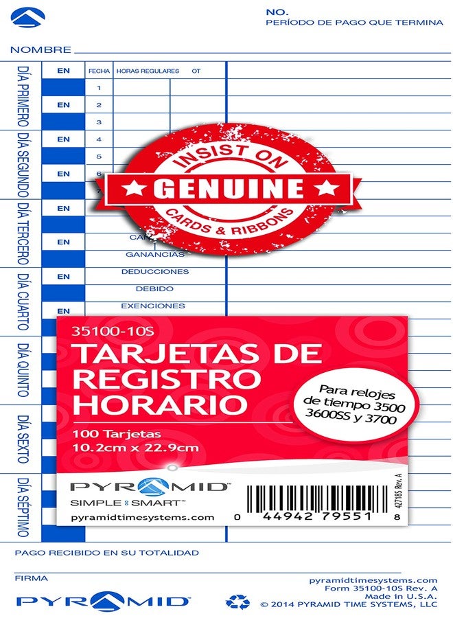 بيراميد تايم سيستمس بطاقات تسجيل الوقت الإسبانية من بيراميد تايم سيستمز 35100-10S، متوافقة مع ساعات تسجيل الوقت بيراميد 3500، 3500ss، 3600SS، 3700SS و3700، مقاس 4 × 9 بوصة، أحادية الجانب، صنع في الولايات المتحدة الأمريكية، عبوة من 100 بطاقة - Image 3