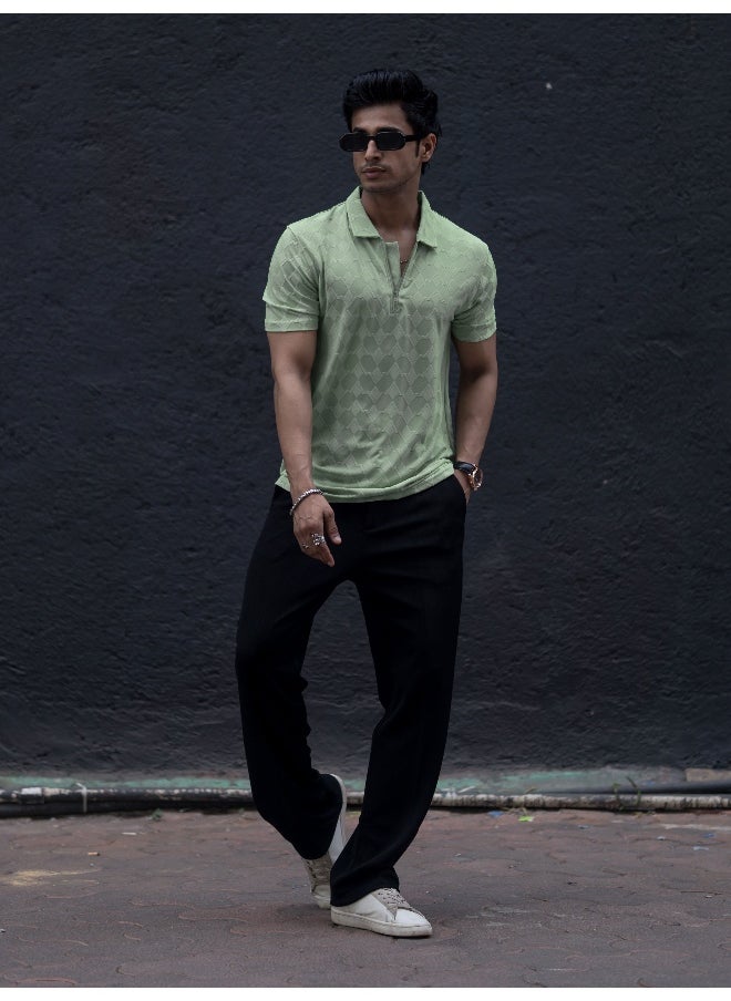 Maniac - Mens Textured Polo Neck 3/4th Sleeve Pista Half Zipper Cotton Lycra Blend T-Shirt - Image 1