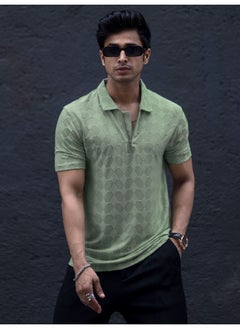 Maniac Mens Textured Polo Neck 3/4th Sleeve Pista Half Zipper Cotton Lycra Blend T-Shirt  - Image 1