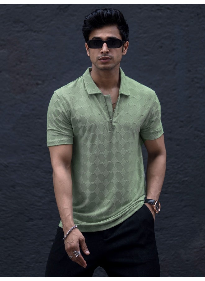 Maniac - Mens Textured Polo Neck 3/4th Sleeve Pista Half Zipper Cotton Lycra Blend T-Shirt - Image 1