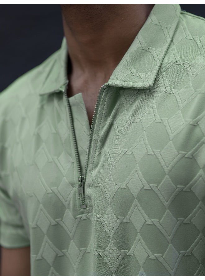 Maniac - Mens Textured Polo Neck 3/4th Sleeve Pista Half Zipper Cotton Lycra Blend T-Shirt - Image 1