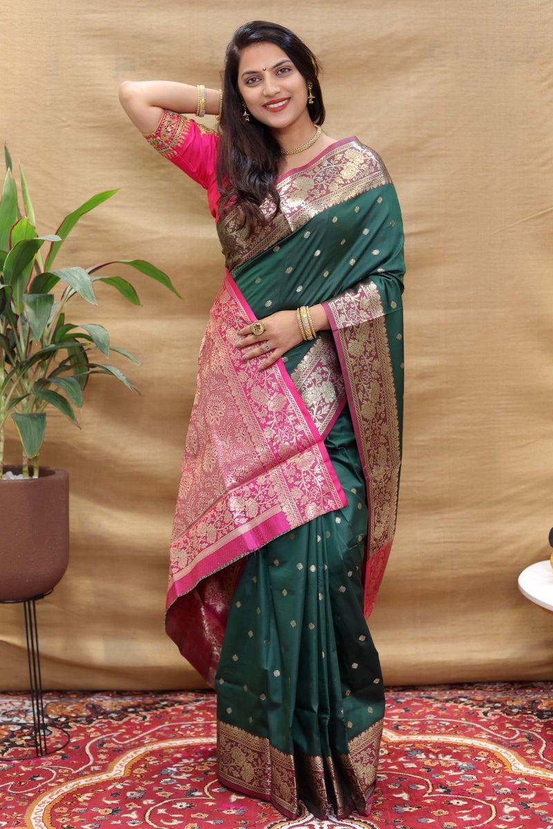 AMIRAT Women's Banarasi Saree Soft new ladies 2024 Design Wear Pattu Sarees Latest Cotton Party Sari collections With Blouse Piece for Wedding sadi (Green) - Image 3