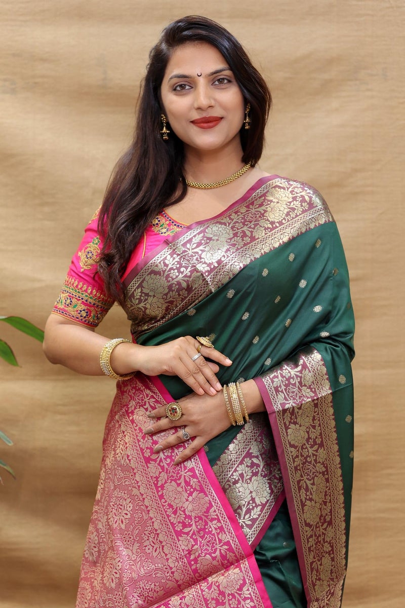 AMIRAT Women's Banarasi Saree Soft new ladies 2024 Design Wear Pattu Sarees Latest Cotton Party Sari collections With Blouse Piece for Wedding sadi (Green) - Image 4