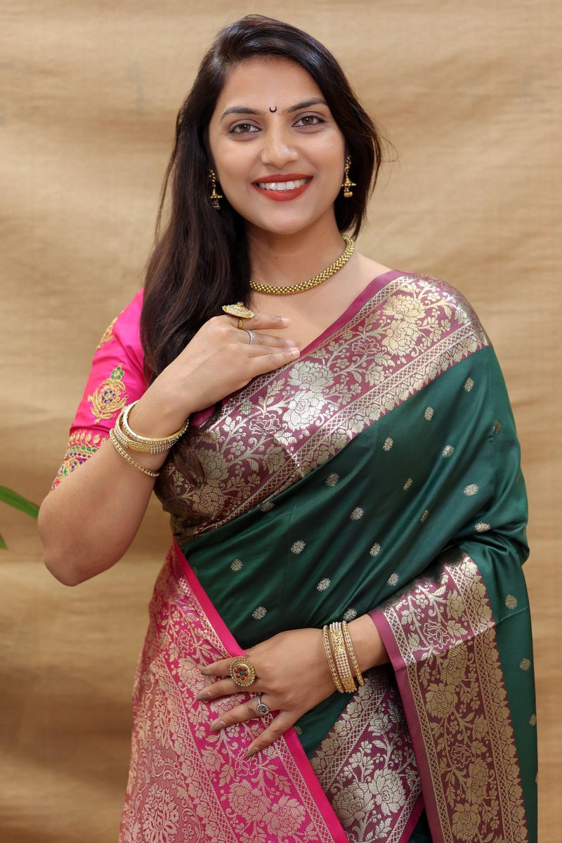 AMIRAT Women's Banarasi Saree Soft new ladies 2024 Design Wear Pattu Sarees Latest Cotton Party Sari collections With Blouse Piece for Wedding sadi (Green) - Image 5