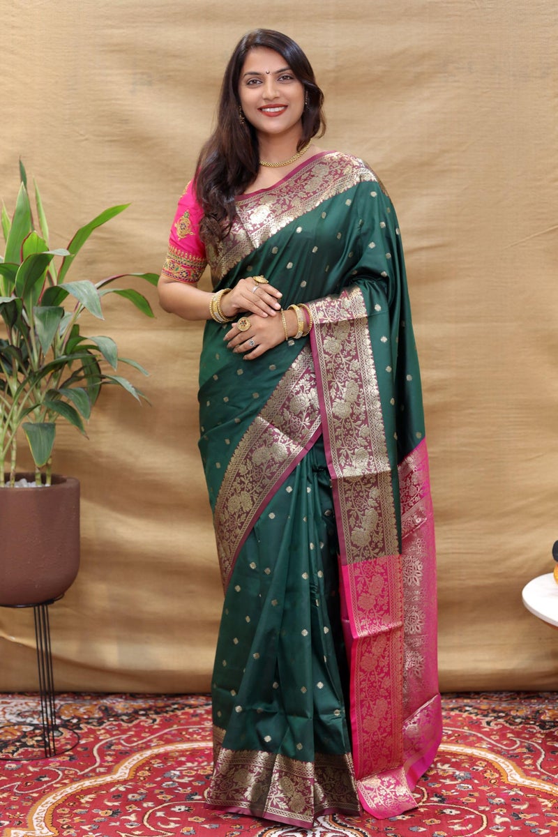 AMIRAT Women's Banarasi Saree Soft new ladies 2024 Design Wear Pattu Sarees Latest Cotton Party Sari collections With Blouse Piece for Wedding sadi (Green) - Image 2