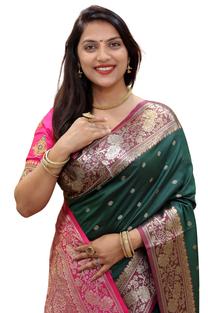 AMIRAT Women's Banarasi Saree Soft new ladies 2024 Design Wear Pattu Sarees Latest Cotton Party Sari collections With Blouse Piece for Wedding sadi (Green) - Image 1