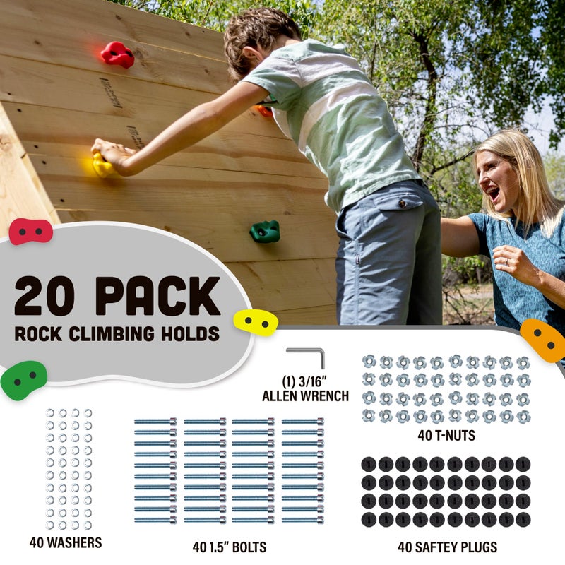 Squirrel Products Kids Rock Climbing Holds with Safety Rock Plugs to Protect Little Fingers  20 Pack  Includes Hardware for 1 Installation - Image 3