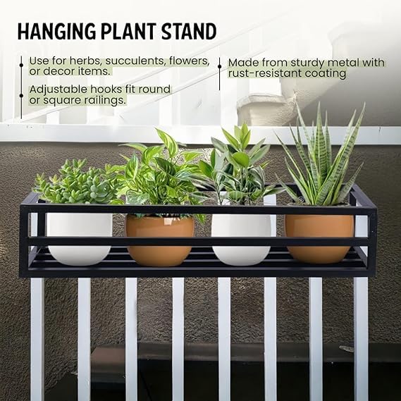 Niyara | Large Railing Metal Planter Stand | Heavy-Duty Plant Holder for Balcony & Garden Pots | Outdoor Stand (New large railing, 24 Inch, Black) - Image 2
