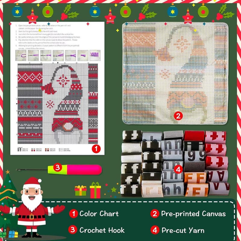 LAPATAIN Latch Hook Kits for DIY Throw Pillow Cover,Needlework Cushion Cover Hand Craft Crochet for Great Family 17X17inch Christmas Hat - Image 2