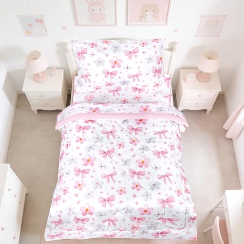 Hooyax Toddler Bedding Set for Girls - 4 Piece Bow Toddler Comforter Set Includes Fitted Sheet, Comforter, Pillowcase & Flat Sheet - Soft Comfort Microfiber for All Seasons - Image 1