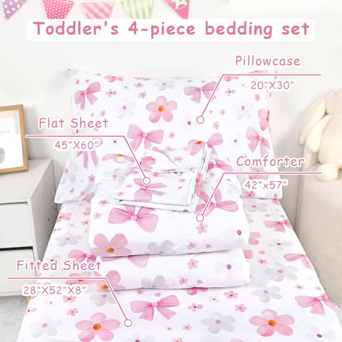 Hooyax Toddler Bedding Set for Girls - 4 Piece Bow Toddler Comforter Set Includes Fitted Sheet, Comforter, Pillowcase & Flat Sheet - Soft Comfort Microfiber for All Seasons - Image 3