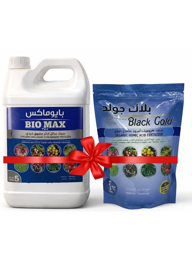Black Gold Bio Max Cow Organic Liquid Fertilizer 5L + Black Gold Organic Humic Acid Fertilizer 1kg Improves Soil Health, Root Growth & Nutrient Absorption - Image 1