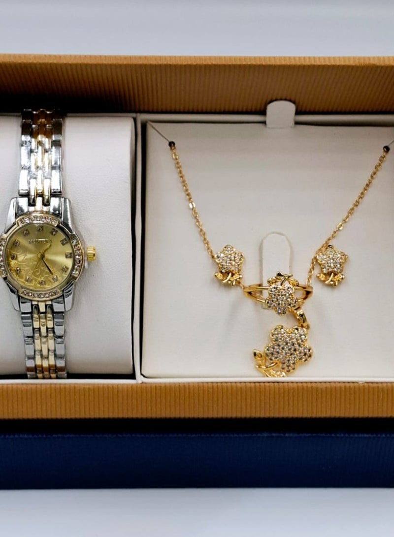 مونتيرا طقم ساعة يد بعقارب وطقم مكون من السلسال والحلق والخاتم للنساء
