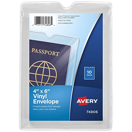 AVERY أكياس ملفات أفيري، 4" × 6" حامل جواز السفر، يحمل حتى 30 ورقة، 10 أكياس فينيل شفافة (74806) - Image 1