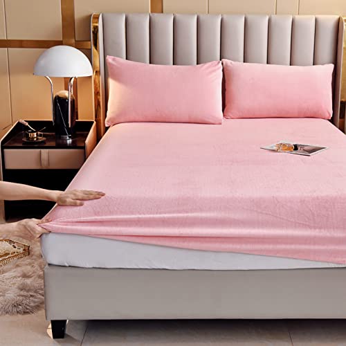 LweiPsqLin Velvet Fitted Sheet Full Size,Fleece Plush Bed Sheet Mattress Protector Cover with 15'' Deep Pocket Warm Fuzzy Bottom Sheet (Not Include Pillowcases),Pink - Image 1