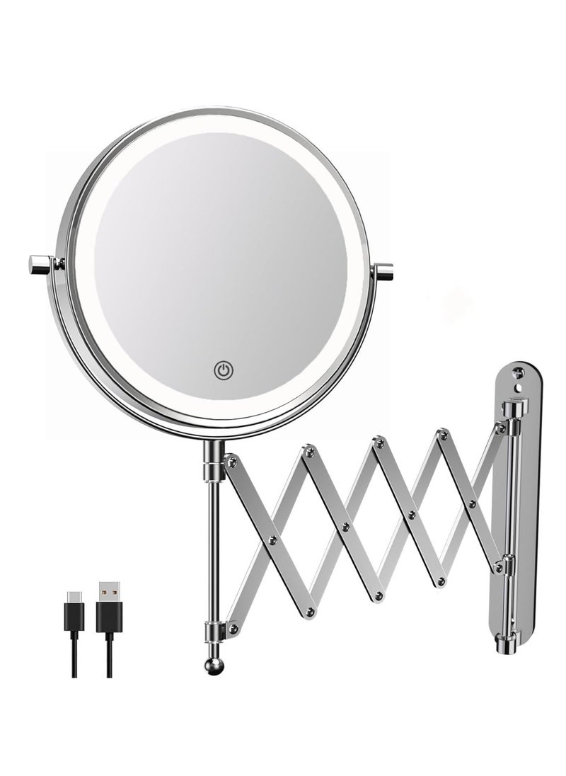Ru syanl - Rechargeable Wall Mounted Makeup Mirror 8 Inch Double Sided 1X/10X Magnifying Mirror with Infinitely Dimmable Touch Screen 360°Swivel Extendable Accordion Bathroom Mirror - Image 1