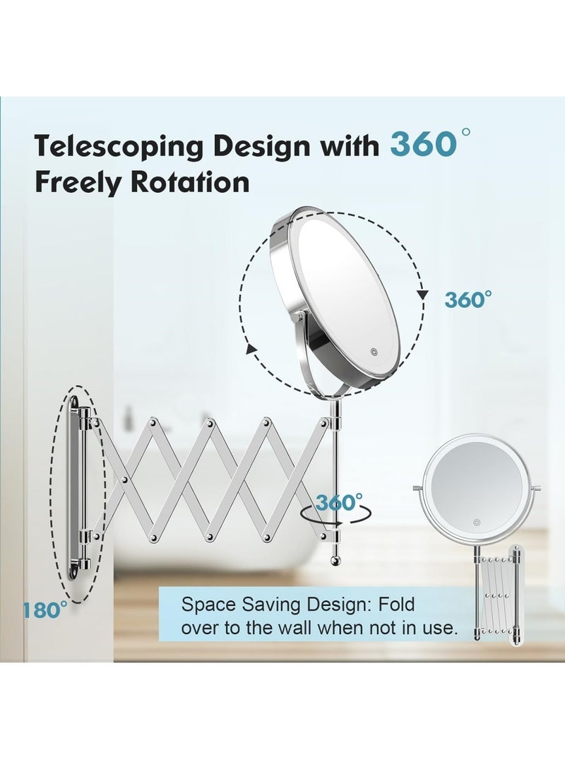 Ru syanl - Rechargeable Wall Mounted Makeup Mirror 8 Inch Double Sided 1X/10X Magnifying Mirror with Infinitely Dimmable Touch Screen 360°Swivel Extendable Accordion Bathroom Mirror - Image 1