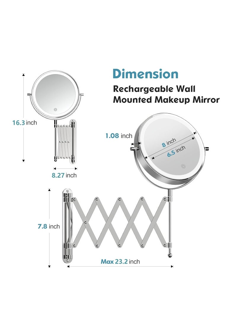 Ru syanl - Rechargeable Wall Mounted Makeup Mirror 8 Inch Double Sided 1X/10X Magnifying Mirror with Infinitely Dimmable Touch Screen 360°Swivel Extendable Accordion Bathroom Mirror - Image 1