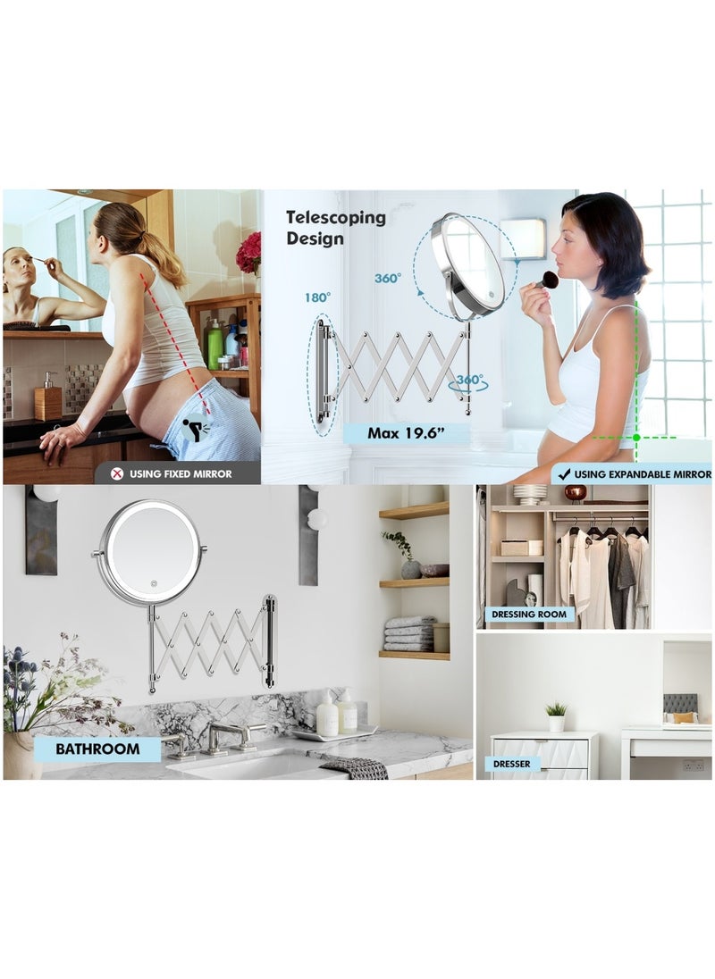 Ru syanl - Rechargeable Wall Mounted Makeup Mirror 8 Inch Double Sided 1X/10X Magnifying Mirror with Infinitely Dimmable Touch Screen 360°Swivel Extendable Accordion Bathroom Mirror - Image 1