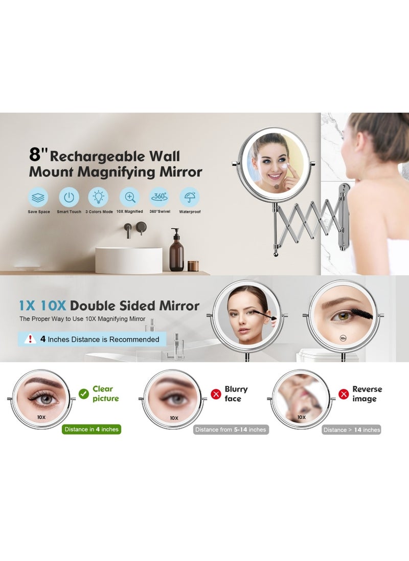 Ru syanl - Rechargeable Wall Mounted Makeup Mirror 8 Inch Double Sided 1X/10X Magnifying Mirror with Infinitely Dimmable Touch Screen 360°Swivel Extendable Accordion Bathroom Mirror - Image 1