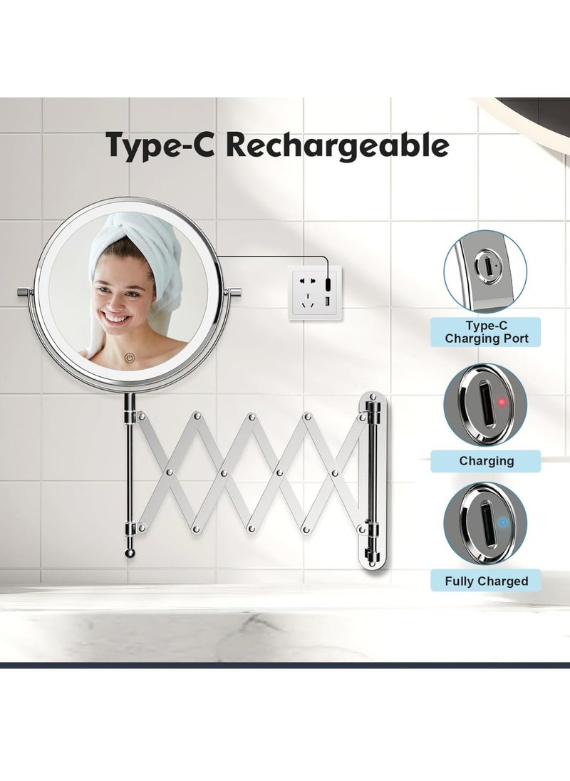 Ru syanl - Rechargeable Wall Mounted Makeup Mirror 8 Inch Double Sided 1X/10X Magnifying Mirror with Infinitely Dimmable Touch Screen 360°Swivel Extendable Accordion Bathroom Mirror - Image 1