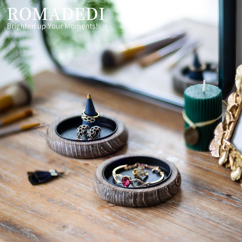 Romadedi Wood Candle Holder Farmhouse Decor - Pillar Candle Holders for Table Centerpiece Small Tray Riser Set of 2 Round Wooden Plate Pedestal Stand for Coffee Table Home Living Room, Whitewash - Image 3