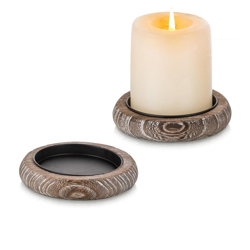 Romadedi Wood Candle Holder Farmhouse Decor - Pillar Candle Holders for Table Centerpiece Small Tray Riser Set of 2 Round Wooden Plate Pedestal Stand for Coffee Table Home Living Room, Whitewash - Image 1