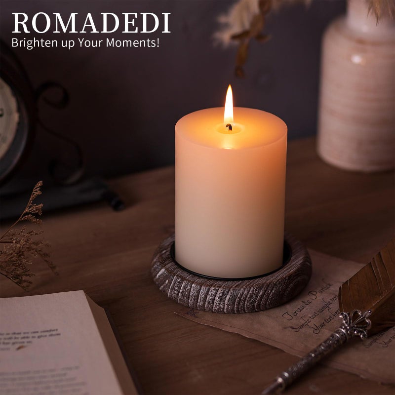 Romadedi Wood Candle Holder Farmhouse Decor - Pillar Candle Holders for Table Centerpiece Small Tray Riser Set of 2 Round Wooden Plate Pedestal Stand for Coffee Table Home Living Room, Whitewash - Image 2