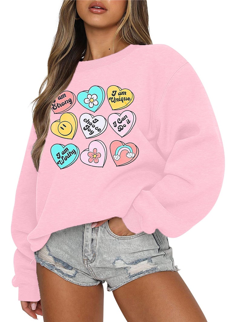 MAXIMGR Valentines Sweatshirt Women Teacher Valentine Shirts sequin Love Heart Graphic Tee Valentine's Day Gift Pullover Pink - Image 1