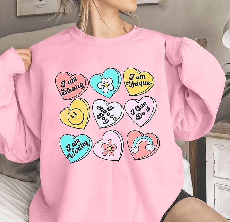 MAXIMGR Valentines Sweatshirt Women Teacher Valentine Shirts sequin Love Heart Graphic Tee Valentine's Day Gift Pullover Pink - Image 2
