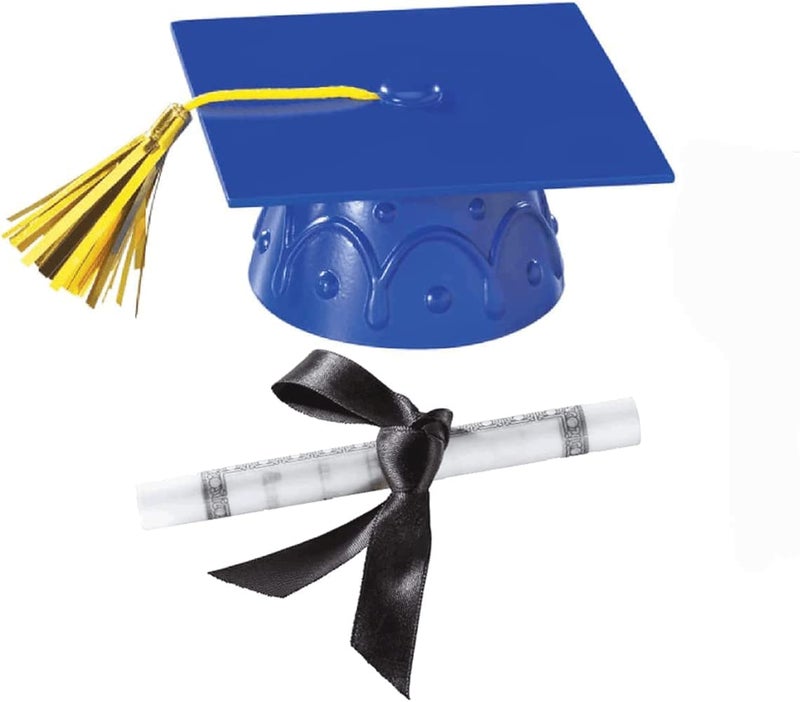 DecoPac Blue Plastic Graduation Cap Cake Topper with Large Diploma Cake Topper - Image 2