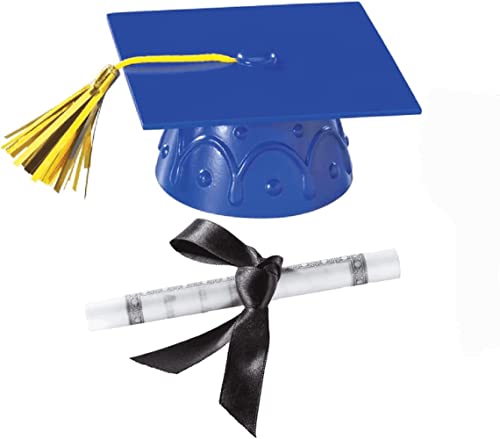 DecoPac Blue Plastic Graduation Cap Cake Topper with Large Diploma Cake Topper - Image 1