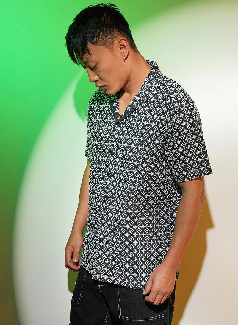 CAHOOT  Men's Midnight Black & Cream White Flora-Embroidered Shirt for Men | Best Price UAE