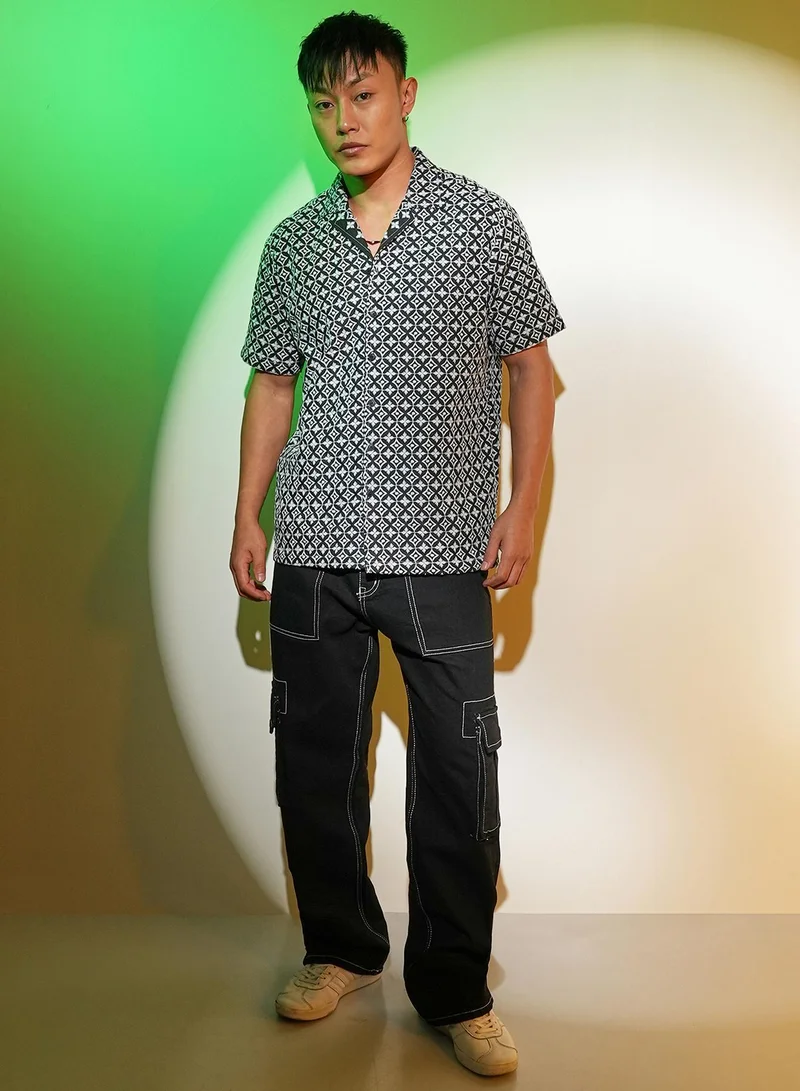 CAHOOT  Men's Midnight Black & Cream White Flora-Embroidered Shirt for Men | Best Price UAE