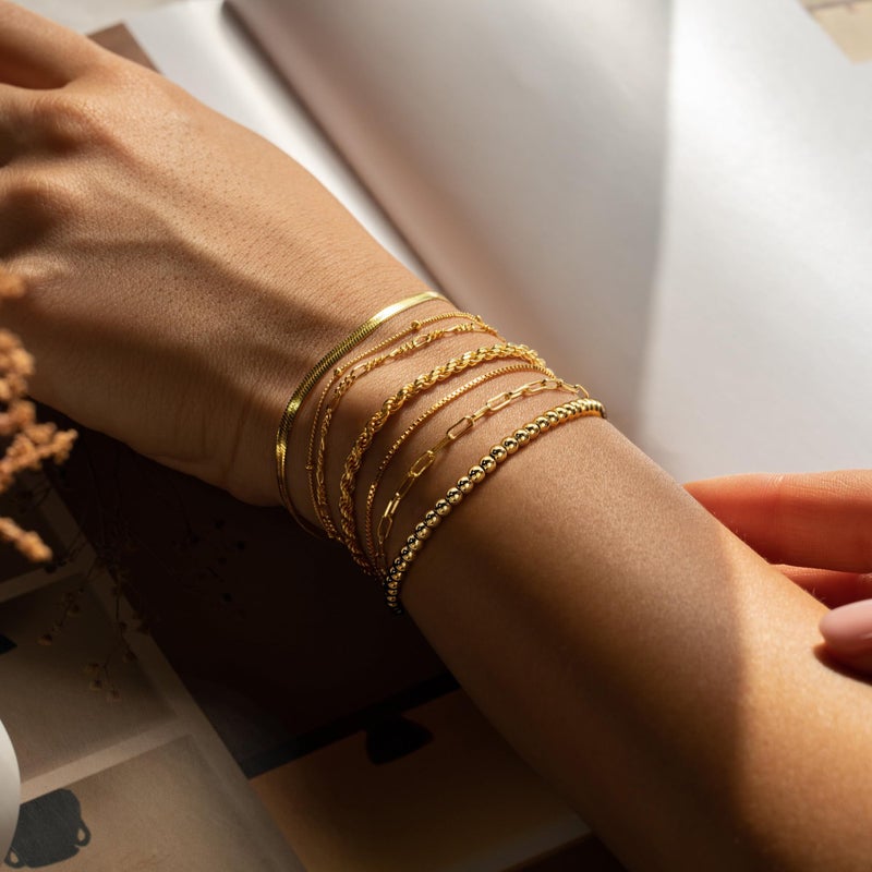 M MOOHAM Gold Bracelets for Women - Easter Gifts Dainty 14K Gold Plated Layered Beaded Bracelet Stack Paperclip Snake Rope Figaro Box Satellite Chain Bracelets for Women Non Tarnish, Jewelry Gifts - Image 2